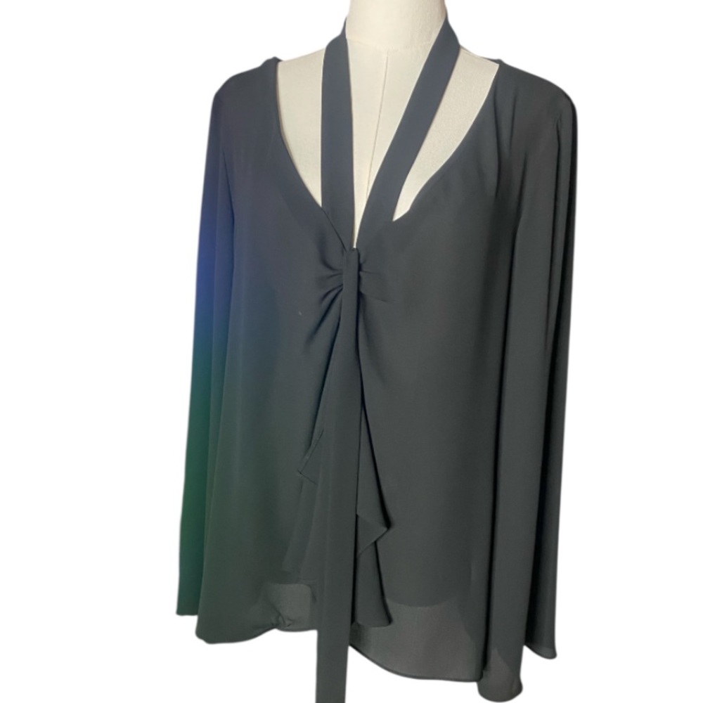 Bailey 44 Elegant Black Tie-Neck Blouse with Flared Bell Sleeves
Size Large